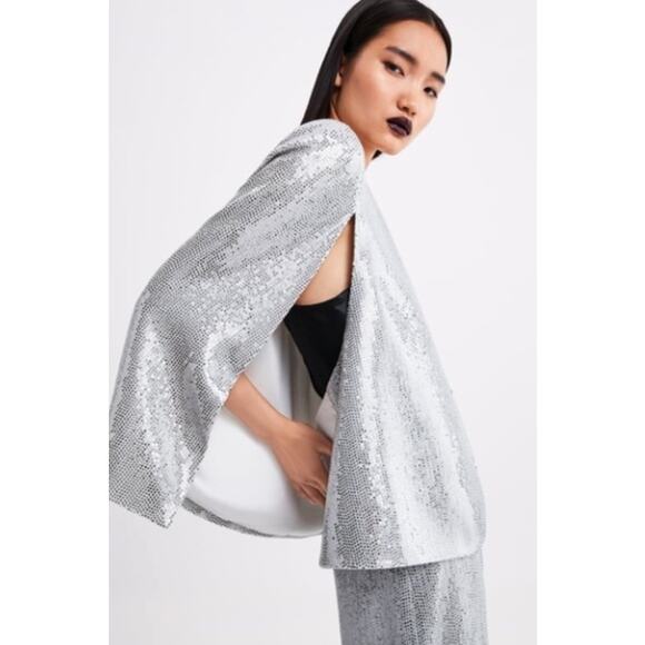 Zara Silver Sequin Cape & High-Rise Culottes Cropped Pants Set NWT- Size S - Picture 4 of 12